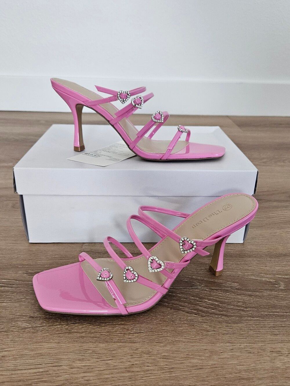 The Drop Naomi Pink Strappy Heeled Sandals with Crystal Heart Accents Size 10